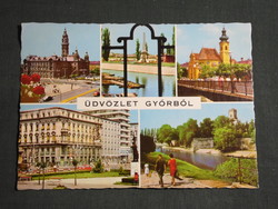 Képeslap,Győr,mozaik,Székesegyház,rába part,híd,városháza,utca,emlékmű látkép,részlet,1970-