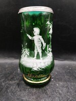 Mary Gregory Cobalt GREEN GLASS Syrup PITCHER with Original Lid, Bohemian.3257b