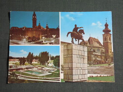 Képeslap,Győr,mozaik,városháza,utca,templom,Szent István szobor,strand látkép,részlet,1971-