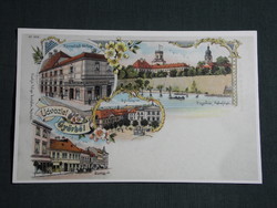 Képeslap,Győr,reprodukció,Polgár papírkereskedés,Baross út,Széchenyi tér,Rába látkép,részlet,1990-