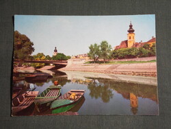 Képeslap,Győr,Rába part,sétány,híd,templom,csónakok látkép,részlet,1971-