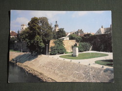 Képeslap,Győr,Rába part,Sforza félbástya,I. István szobor látkép,részlet,1987-