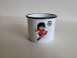 Retro régi zománcos sportoló focizó kisfiú mintás zománcozott futballista gyerek bögre