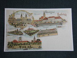 Képeslap,Győr,reprodupcíó,Újváros,Királyi tábla,Széchenyi tér,templom,Rába látkép,részlet,1990-