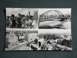 Képeslap,Győr,mozaik,Püspökvár,Duna híd,Rába,szálló,emlékmű,utca látkép,részlet,1960-