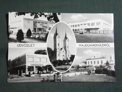 Képeslap,Hajdúhadház,mozaik,Bocskai tér,tanácsháza,templom,ÁFÉSZ áruház,iskola látkép,részlet, 1977-