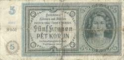 5 korun korona kronen 1942 Cseh Morva Protektorátus 1.