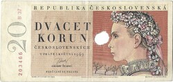 20 korun korona 1949 Csehszlovákia Nem perforált lyukasztással érvénytelenítve