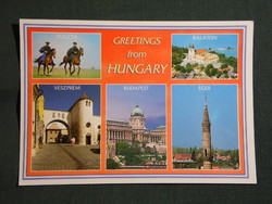 Képeslap,Hungary,mozaik,Hortobágy,Balaton,Veszprém,Budapest,Eger látkép,részlet, 1994-