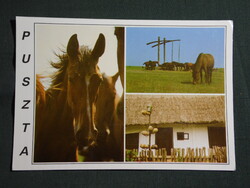 Képeslap,Hortobágy,mozaik,ménes,itató,gémeskút,csárda látkép,részlet, 1991-