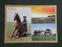 Képeslap,Hortobágy,mozaik,csikós,csárda,ménes,kilenclyukú híd,gémeskút látkép,részlet, 1990-