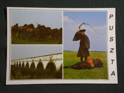 Képeslap,Hortobágy,mozaik,csikós,ménes,kilenclyukú híd látkép,részlet, 1991-