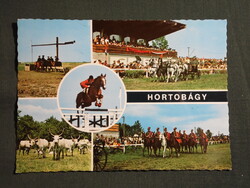 Képeslap,Hortobágy,mozaik,csikósok,lovasnapok,ötösfogat,huszár,gémeskút látkép,részlet, 1977-