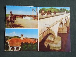 Képeslap,Hortobágy,mozaik,csikós,ménes,itató,gémeskút,kilenclyukú híd látkép,részlet, 1971-