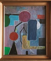 1 ft-ról indul! Lorna Dunn (1920-2016) absztrakt olajfestmény,  32x37cm plusz üvegezett keret!
