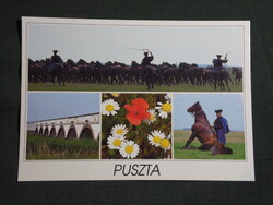 Képeslap,Hortobágy,mozaik,csikós,ménes,kilenclyukú híd látkép,részlet, 1990-