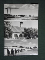 Képeslap,Hortobágy,mozaik,kilenclyukú híd,csárda,itató,gémeskút,ménes látkép,részlet, 1970-