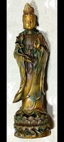 Antik kézzel készült aranyozott ,bronz, jelzett , Guan Yin bodhiszattva ,Buddhista szobor 1900,30cm/