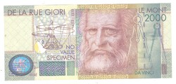 Leonardo Da Vinci DE LA RUE GIORI Le Mont 2000 SPECIMEN teszt bankjegy UNC