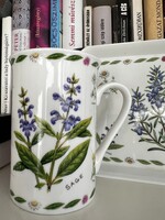 Angol porcelán bögre gyógynövény díszítéssel+tálca