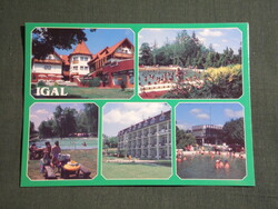 Képeslap,Igal,mozaik,Termálfürdő,strand,hotel,étterem,szálló,üdülő látkép,részlet, 1990-