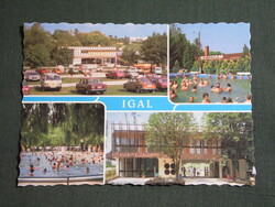 Képeslap,Igal,mozaik,Termálfürdő,strand,étterem,kemping látkép,részlet, 1990-
