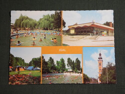 Képeslap,Igal,mozaik,Termálfürdő,strand,templom,ABC áruház,templom,kemping látkép,részlet, 1984-