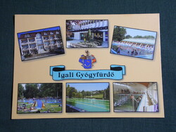 Képeslap,Igal,mozaik,Termálfürdő,strand,hotel,szálló látkép,részlet, 1990-
