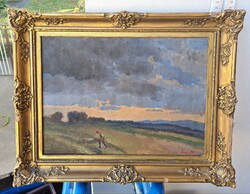 Siuda Nándor (1893-1964): Naplemente (olaj, blondel keretben) Balaton? paraszti élet, talicska