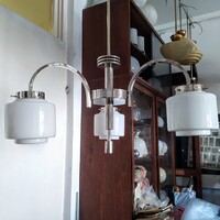 Art deco Streamline Bauhaus 3 karos nikkelezett csillár felújítva - lépcsőzetes tejüveg hengerbúra