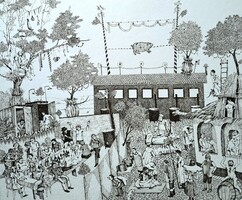 Szunyoghy András: Tivornya (szignózott rézkarc) sokalakos grafika, mulatság