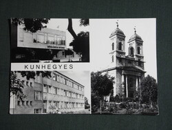 Képeslap,Kunhegyes,mozaik,templom,iskola,művelődési ház látkép,részlet, 1981-