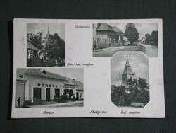 Képeslap,Szlovákia,Abaújszina,Seňa,Hangya szövetkezet kiadás,üzlet,áruház,utca,templom 1944- ,zöld,