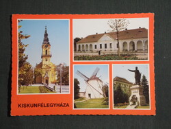 Képeslap,Kiskunfélegyháza,mozaik,Petőfi szobor,múzeum,templom,szélmalom,utca látkép,részlet ,1981-