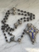 Álomszép nagyméretű  antik filágrám ezüst rózsafűzér kereszt tűzzománc betéttekkell kézi munka