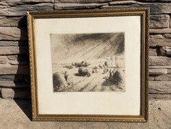 Kórusz József (1927-2010): Szénagyűjtés színezett rézkarc, 1954.