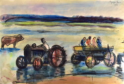 Nyergesi János (1895 - 1982)  " TRAKTORRAL A DUNÁBAN " NYERGESÚJFALU 1950