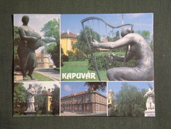 Képeslap,Kapuvár,mozaik,Kenyérszegő,Hárfás szobor, tér,templom,park látkép,részlet ,1997-