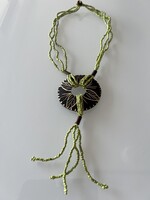 Hand-carved wooden pendant necklace with kiwi green beads, 54 cm long
