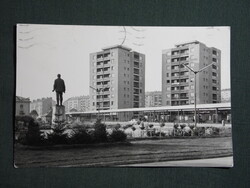 Képeslap,Komló,Lenin tér,szobor,park,lakóházak látkép,részlet, 1971-