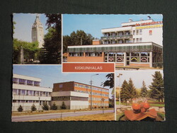 Képeslap,Kiskunhalas,mozaik,Bányász szálló,templom,park,szökőkút,utca látkép,részlet 1984-
