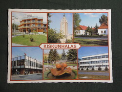 Képeslap,Kiskunhalas,mozaik,Halasi áruház,templom,hotel,park,szökőkút,utca látkép,részlet 1987-