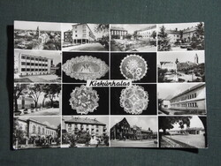Képeslap,Kiskunhalas,mozaik,Lenin tér,Mozi,presszó,szálló,iskola,csípke,tanácsháza,részlet, 1970-