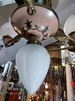 Szecessziós csillár, rézötbözet, üveg, kézzel festett, hibátlan, múködó,96 cm magas,54 átmérő. 3335b