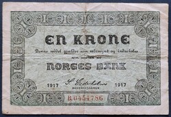 Ritka! Norvégia 1 Krone / Korona 1917, F+.