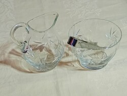 Üveg kristályüveg tej kiöntő és cukortartó csipesszel csiszolt pinwheel szélforgató minta vintage