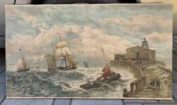 Antik olajnyomat,Franqois Étienne Musin(1820-1888) után Antonio Borsari szignó:A flotta visszatérése