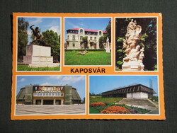 Képeslap,Kaposvár,mozaik,44-es emlékmű,sportcsarnok,szentháromság szobor,étterem,részlet, 1984-