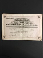Magyar Nemzeti Gazdasági Bank R.T. Részvény 1000 Koronáról 1920.