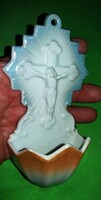 Antik pajzspecsétes Zsolnay porcelán szenteltvíztartó feszülettel 16 cm a képek szerint 4.